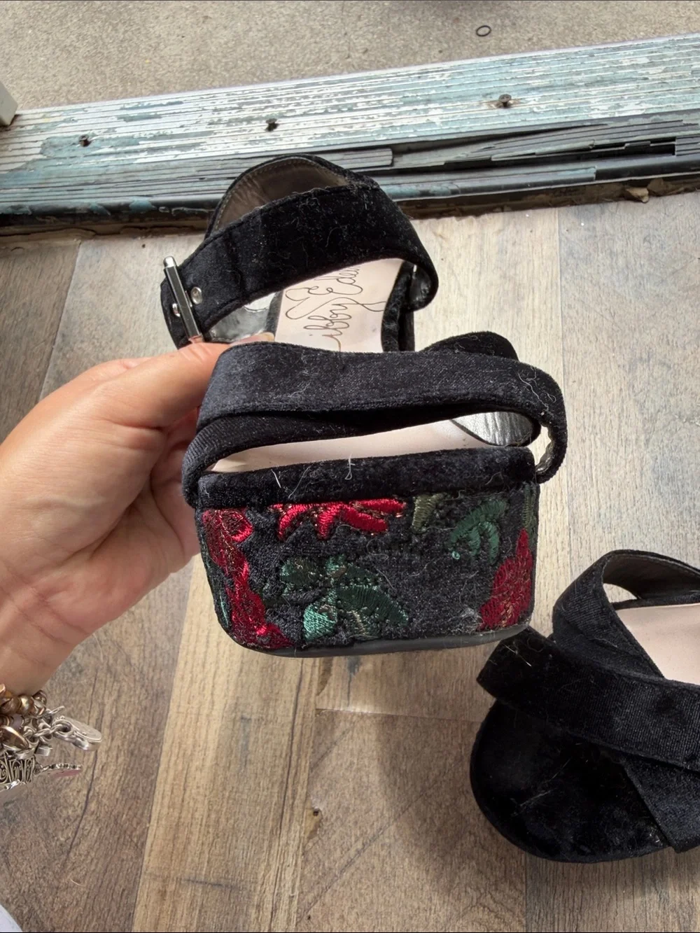 Lily Edelman Black Velvet Platform Sandals with Red Rose Embroidery